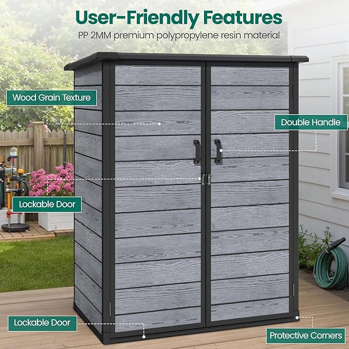 5×3 FT Vertical Outdoor Storage Cabinet, 56.8 Cu.Ft Resin Cabinet with Lockable Double Doors, Weather-Resistant for Garden and Patio (Woodgrain Gray)