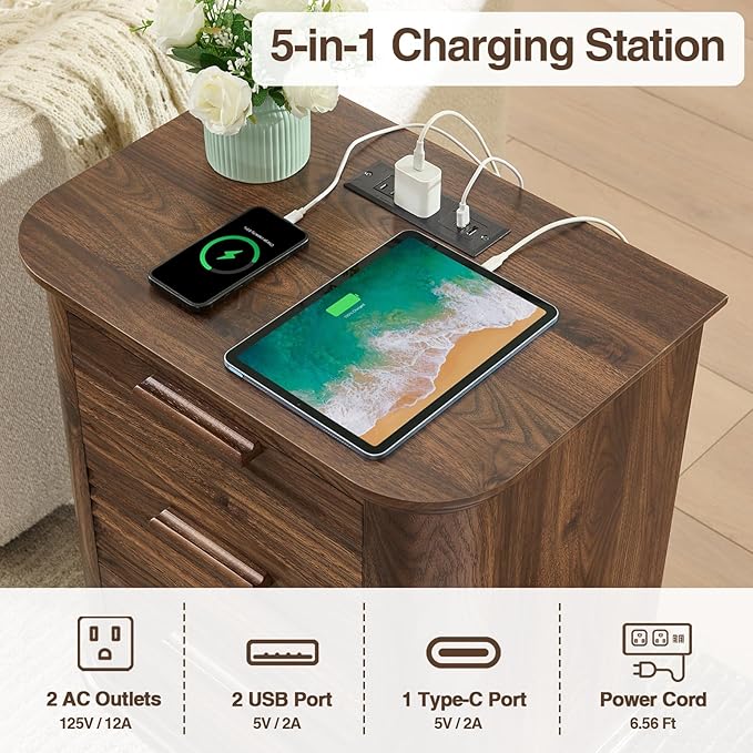 Okvnbjk 22" Wide Fluted Nightstand Set of 2 with Charging Station, Modern End Table for Living Room, Bedroom, Home Office, Wood Curved 3 Drawer Dresser, Large Bedside Tables, Dark Walnut