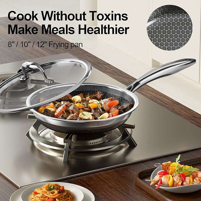Fogdream 10” Non Stick Frying Pans, Stainless Steel Skillet with Lid, Tri-Ply Stainless Steel for All Cooktops, Dishwasher and Oven-Safe Cooking Pan, Stay-Cool Handle, Silver