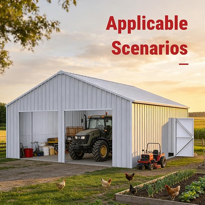 22x23 FT Outdoor Metal Garage Shed with 14-Gauge Steel Frame, 26-Gauge Panels & Side Door, Heavy-Duty Prefab Steel Building for Two Cars,Workshop, Farm Equipment & Tractor Shelter（White）