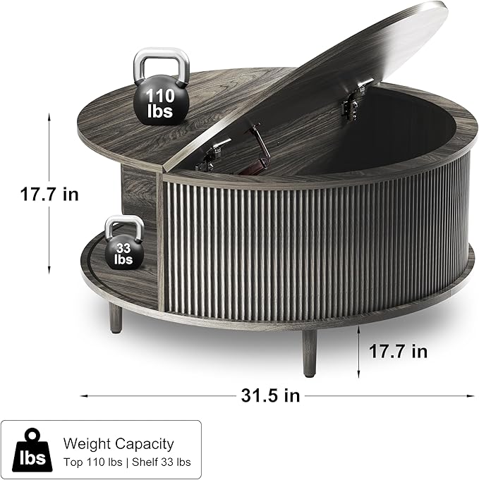 Round Coffee Table, 31.5" Fluted Center Table with Storage, Lift-Top Coffee Table with Adjustable Footpads, Sliding Door, Mid-Century Modern Center Table for Living Room, Small Space (Grey)