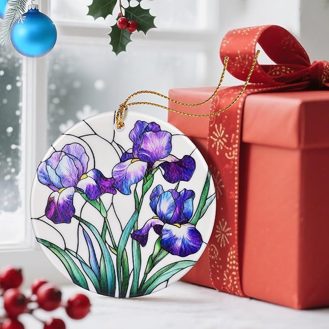 Christmas Ornaments, Dodosky 2.8in Ceramic Iris Flower Ornament, Xmas Decor, Christmas Tree Ornaments, Xmas Decorations for Tree, Holiday Ornament, Iris Flower Gifts, Gifts for Women, Mom, Grandma
