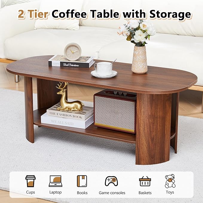 43.3” Oval Coffee Table for Living Room, Wood Farmhouse Coffee Tables with Storage, 2-Tier Center Table with Storage Shelf Low Tea Table for Small Space, Home, Office, Easy Assembly (Walnut)