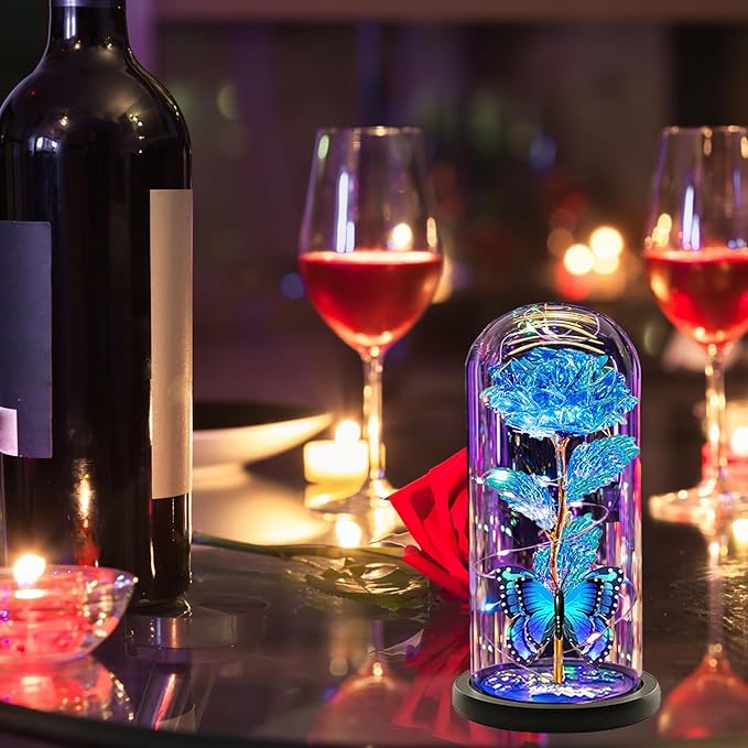 Christmas Flowers Gifts for her Women Mom Wife,Womens Gifts for Christmas, Rose Flowers Gift Light Up Rose in Glass Dome,Birthday Gifts for Woman Blue