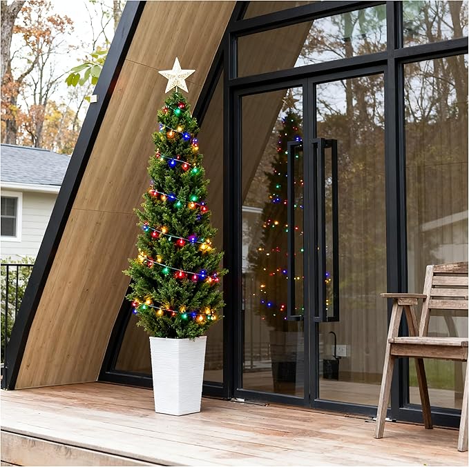 Artificial Cedar Trees 5FT Tall Artificial Bushes Cypress Shrubs, Fake Evergreen Shrubs with Extra Dense Foliage Realistic Potted & Pebbles Faux Plants for Front Porch Outdoor Christmas Tree