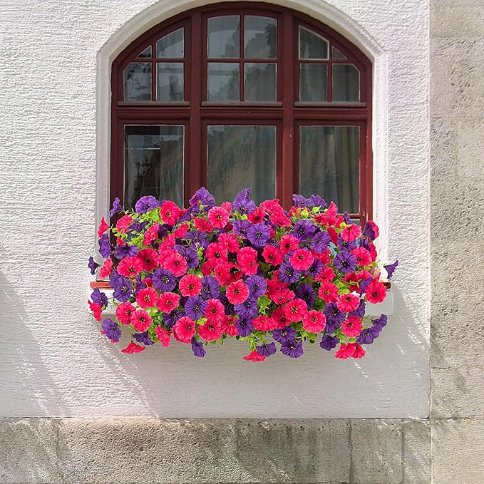 Artificial Flowers for Outdoors Decoration, 10 Bundles Fake Plastic Flower Plant, Faux Colorful Silk Morning Glory Petunias for Spring Summer Outside Garden Porch Front Door Decor, Rose Purple