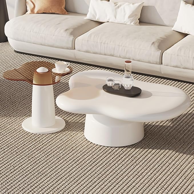 Nesting Coffee Table Set of 2, Cloud Shape Center & Small Tempered Glass Top Accent Side Table, Modern Home Decor Table Set for Living Room, Bedroom, Office