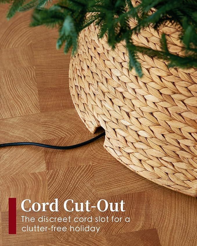 36in Large Christmas Tree Collar - Woven Hyacinth Tree Collars for Artificial Trees - Rattan Rustic Farmhouse Basket for Tree Base Cover with Cord Cut-Out for 7.5ft 9ft 10ft Tree (Natural)