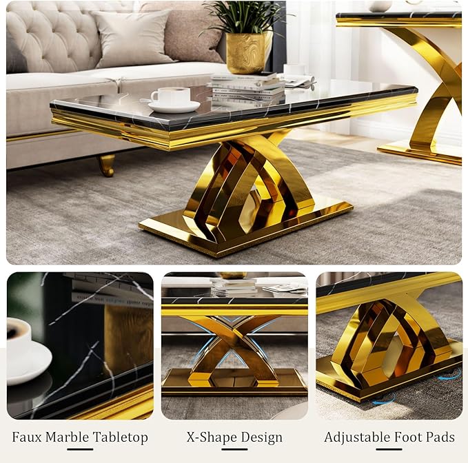 AUZ 2 Pieces Black Gold Living Room Table Set, Coffee Table and Console Table with X-Shape Design Polished Stainless Steel Frame