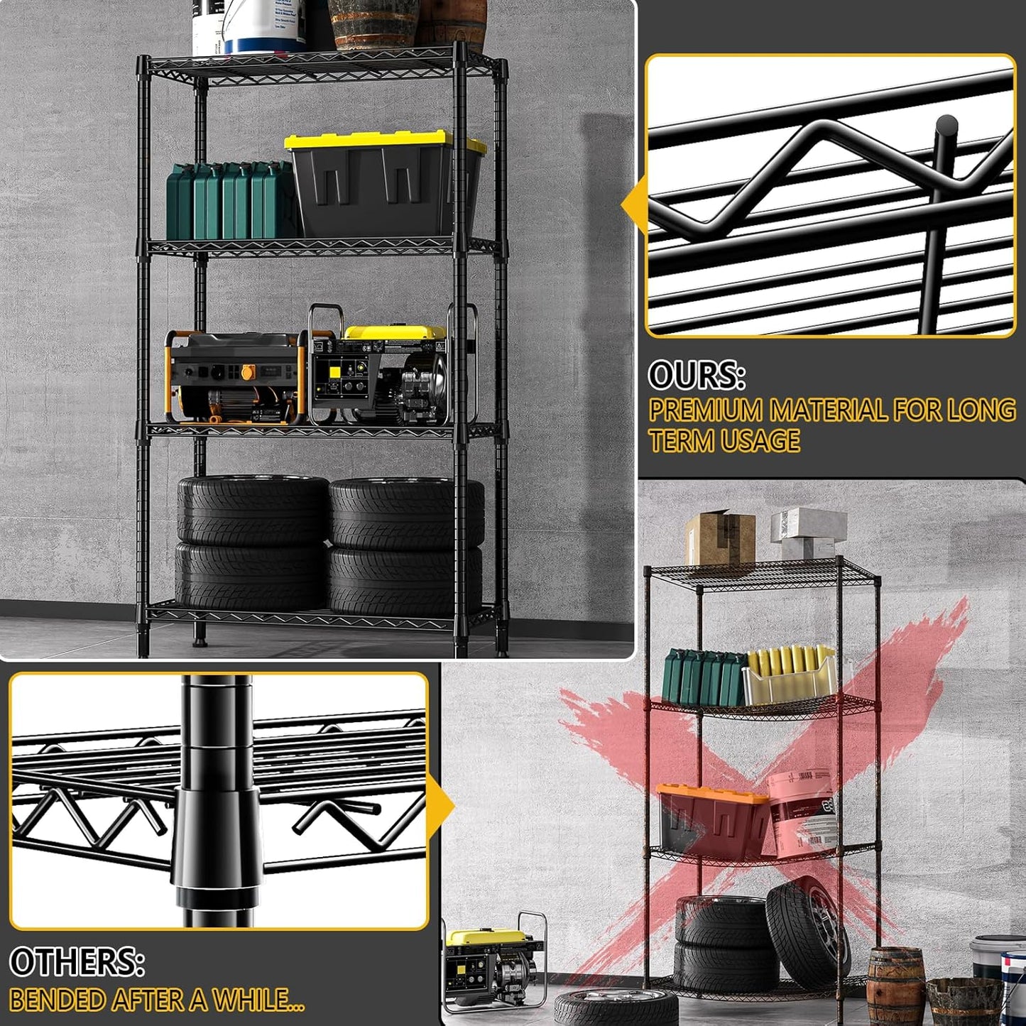 1000 lbs 4 Tier Shelf Metal Storage Shelves Shelving Wire Rack Heavy Duty Closet Organizers for Garage Kitchen Bathroom Laundry Black 13.8" D x 35.4" W x 59.5" H