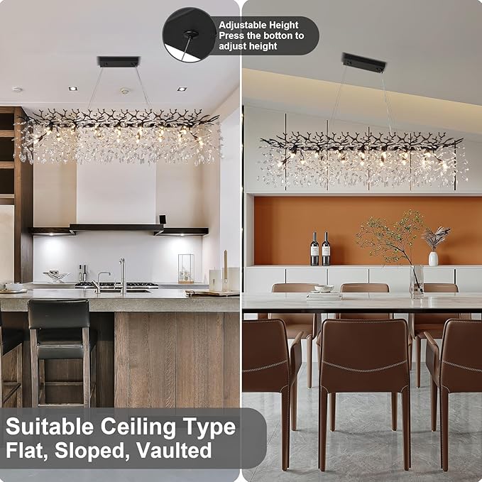 YUYI 60" Black Tree Branch Chandelier, 16-Light Rectangular Crystal Chandelier for Dining Room Kitchen Island, Luxury Modern K9 Crystal Raindrop Chandeliers Light Fixture for Living Room