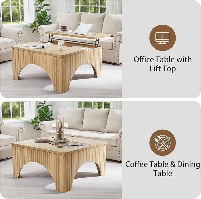 39'' Square Coffee Table with Storage, Farmhouse Lift Top Coffee Table for Living Room Fluted Wood Center Table Arched Dining Table with 2 Hidden Storage Compartment (Natural)