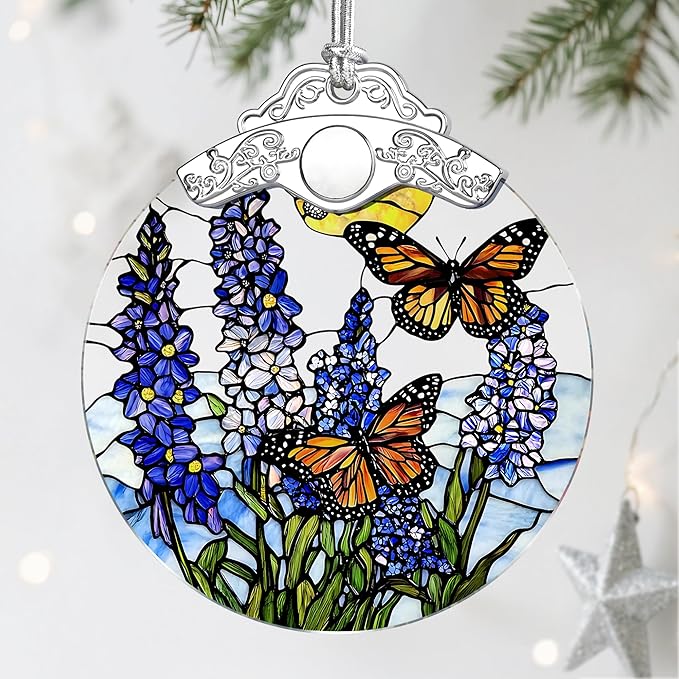 Stained Glass Ornament, Christmas Ornaments, Christmas Decorations for Tree, Holiday Ornament, Gifts for Butterfly Lovers, Holiday Party Gifts, Gift Ideas & Xmas Gift - Lavender with Butterfly