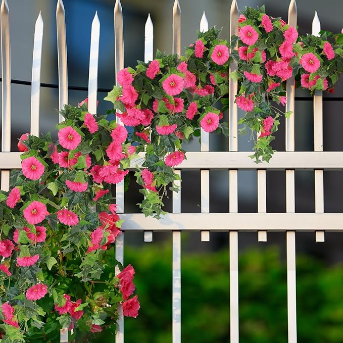 RECUTMS Artificial Fake Hanging Flowers Plants for Outdoor Decoration, 2 Pcs UV Resistant Faux Petunias Trailing Plants Realistic Flower Look Real for Door Wall Yard Porch Garden Planter (Rose Red)