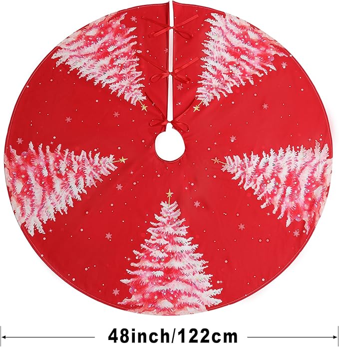 Christmas Tree Skirt 48 Inch, Red Christmas Tree Skirt with Christmas Tree Design, Thick Flannel Fabric, Rustic Farmhouse Xmas Tree Skirt for Holiday Decorations, Indoor Christmas Party