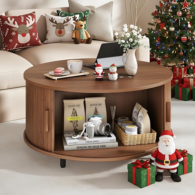 31.5 Inch Round Coffee Table, Fluted Coffee Tables with Storage, Mid-Century Modern Center Tables, Living Room Table with Sliding Door and Wood Handle for Living Room, Walnut