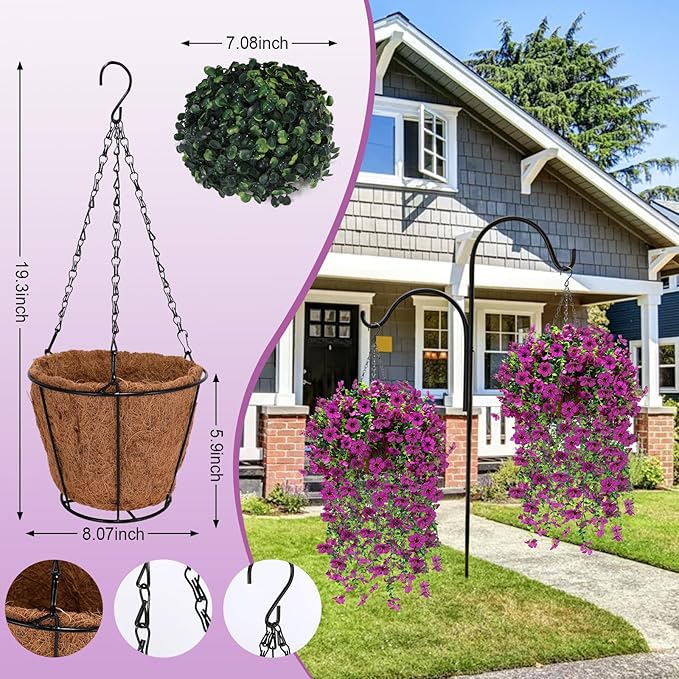 Geegoods 2 Set Artificial Hanging Flowers Plants for Outdoor, Faux Hanging Violet Flowers Baskets with Eucalyptus Vines UV Resistant Realistic Fake Plants for Outside Porch Garden Yard Home Decor