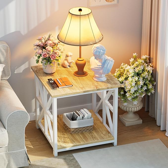 GreenForest End Table with 2-Tier Storage Shelf, 24 inch Large Side Table for Living Room, Modern Nightstand for Bedroom Bedside Office Farmhouse, Oak