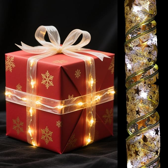uxcell LED Lights Copper Wire Ribbon, 9.84Ft 30 Battery Powered Christmas Tree Decorations String for Party Weddings Christmas Tree (Gold, White Light)