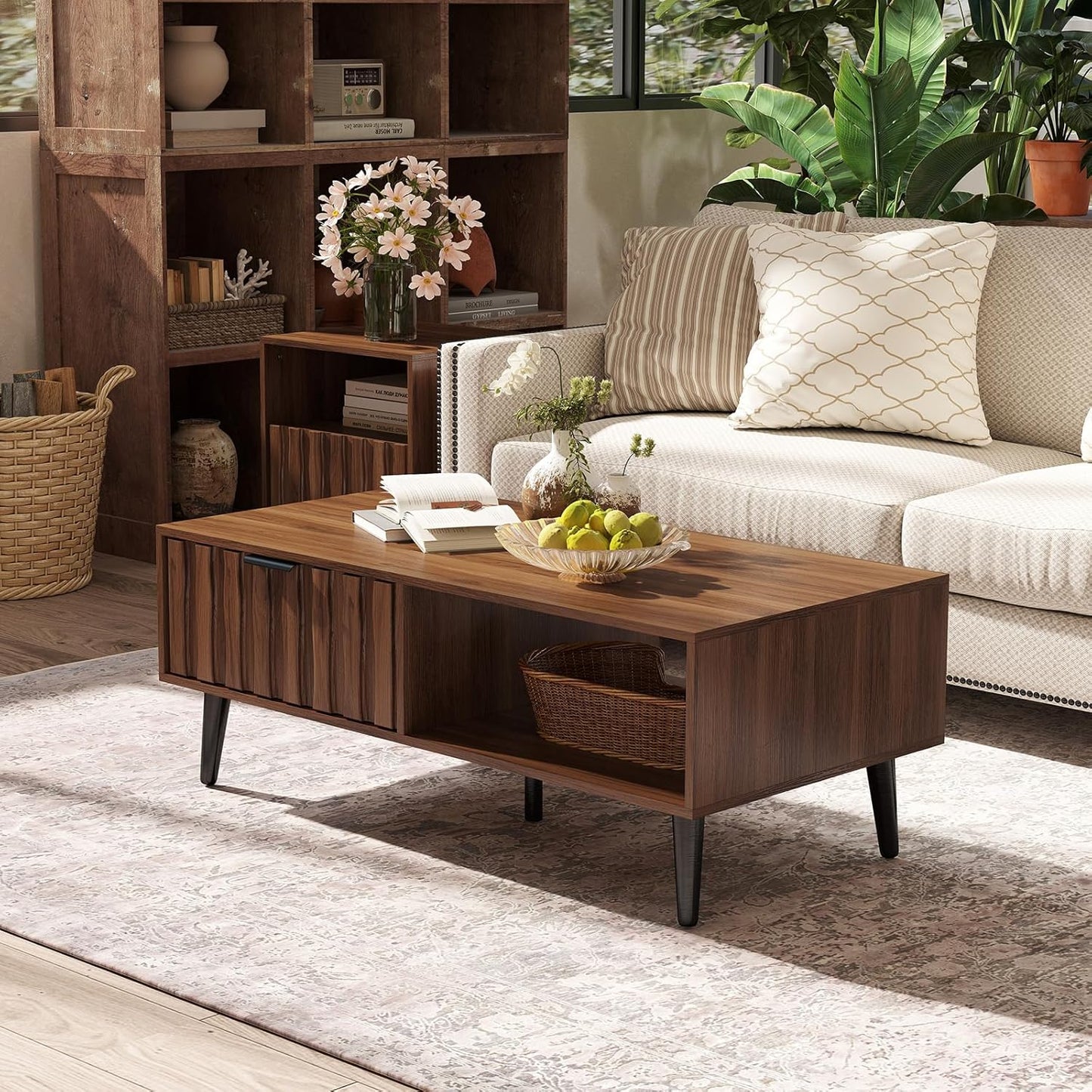 Mid Century Modern Coffee Table with Grooved Drawers & Open Storage, 47" MDF Walnut Wood Center Table with Black Solid Wood Legs, Retro Living Room Furniture