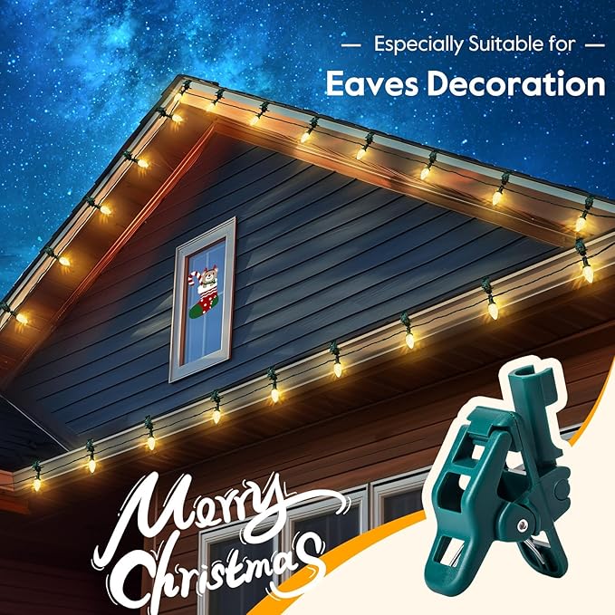 C9 LED Christmas Lights Outdoor with 100 Spring Clips, 100ft 100 LED Waterproof Strawberry String Lights, Commercial Grade Extendable Perfect for Roofline Patio House Xmas Decor, Warm White