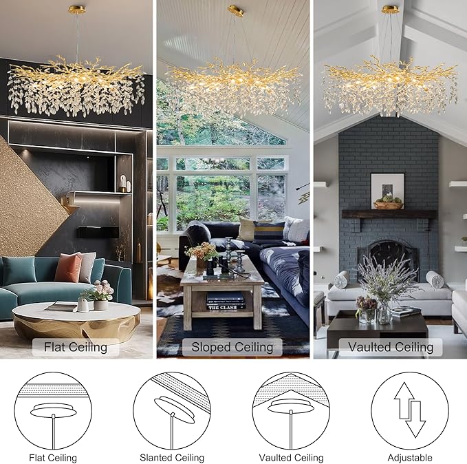 YUYI Modern Crystal Chandelier, 47" Gold Tree Branch Chandelier, 18-Light Round Raindrop Chandeliers for Dining Room, Living Room, Foyer, Entryway, Kitchen, Bedroom, Luxury K9 Crystal Light Fixture