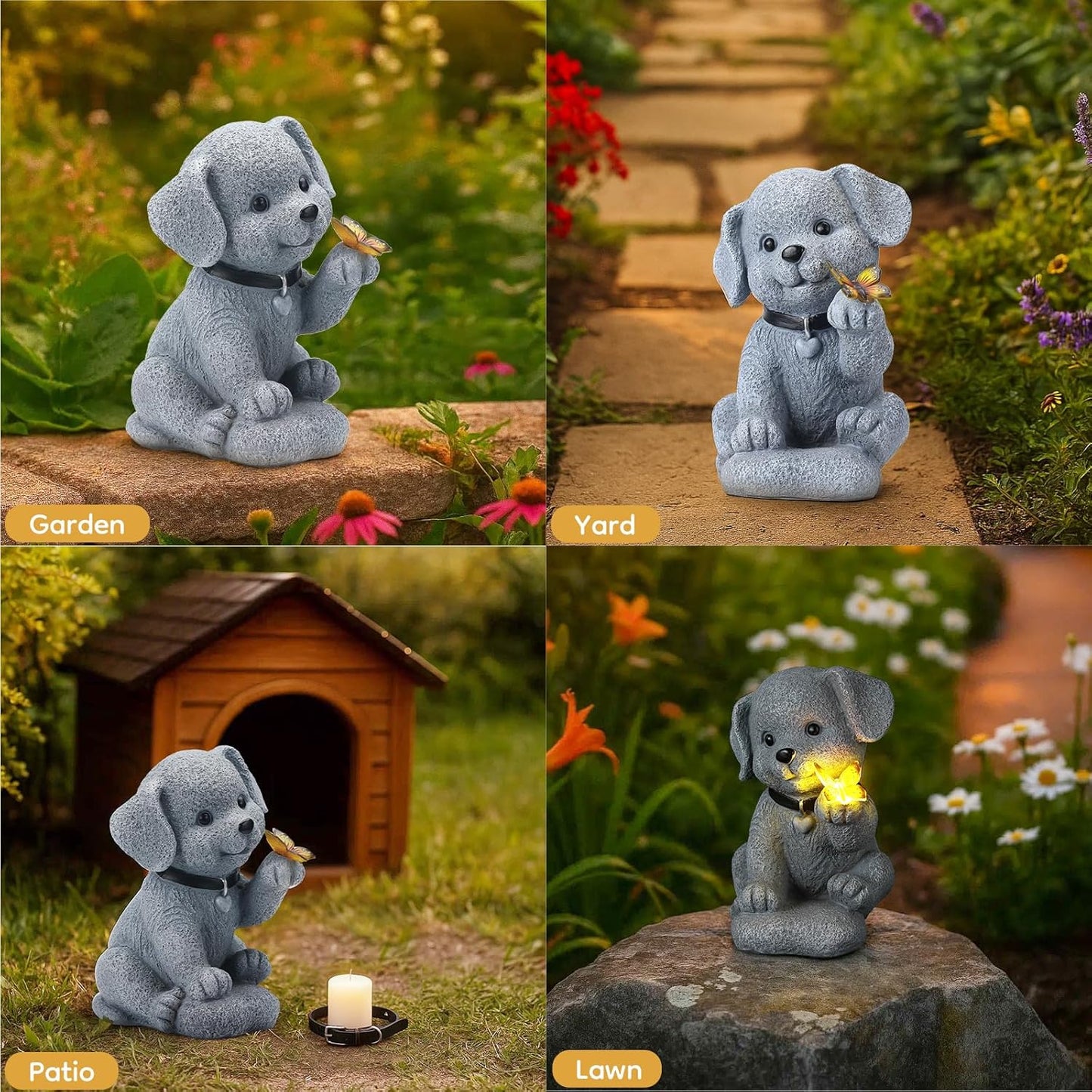 Solar Puppy Dog Garden Decor - Cute Pet Memorial Statue, Auto On/Off LED Light, Weatherproof Resin for Yard Pathway & Dog Lover Gifts
