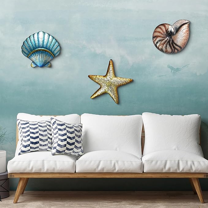 Weibefee 3 Pcs Metal Beach Wall Decor Sea Star Shell Conch Metal Christmas Decor Ocean Theme Marine Coastal Bathroom Christmas Decorations Gift Rustic Cottage Nautical Wall Art for Office Home Living Room Nursery Room