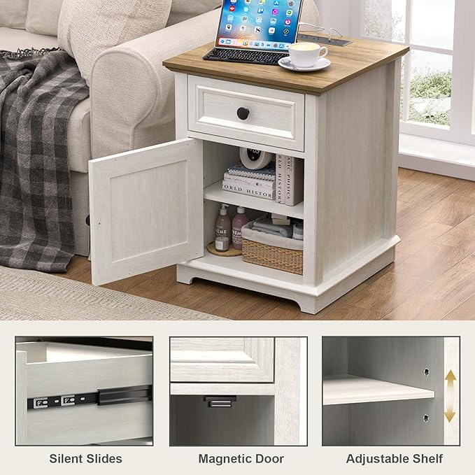 End Table with Fast-Charge Set of 2, Side Table with Drawer Storage and Adjustable Shelf, Charging Nightstand Set of 2, Wooden Side Table for Living Room/Bedroom/Office, White