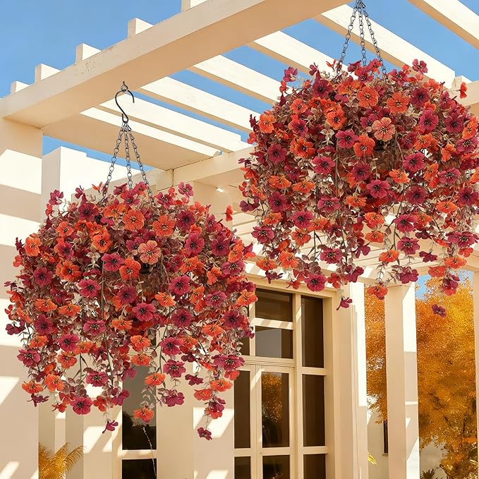 Artificial Flowers for Outdoors, 2 Set Faux Hanging Mums Baskets with Eucalyptus Vines, Realistic Fake Mums, Fall Flowers for Porch, Patio, Garden & Yard, Fall Outdoor Décor