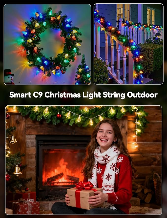 Minetom Smart C9 Christmas Lights Outdoor, 200 LED 213FT Christmas Color Changing Fairy Lights App Control, Music Sync, 105 Preset Modes, Connectable RGB C9 String Lights for House Indoor Xmas Decor
