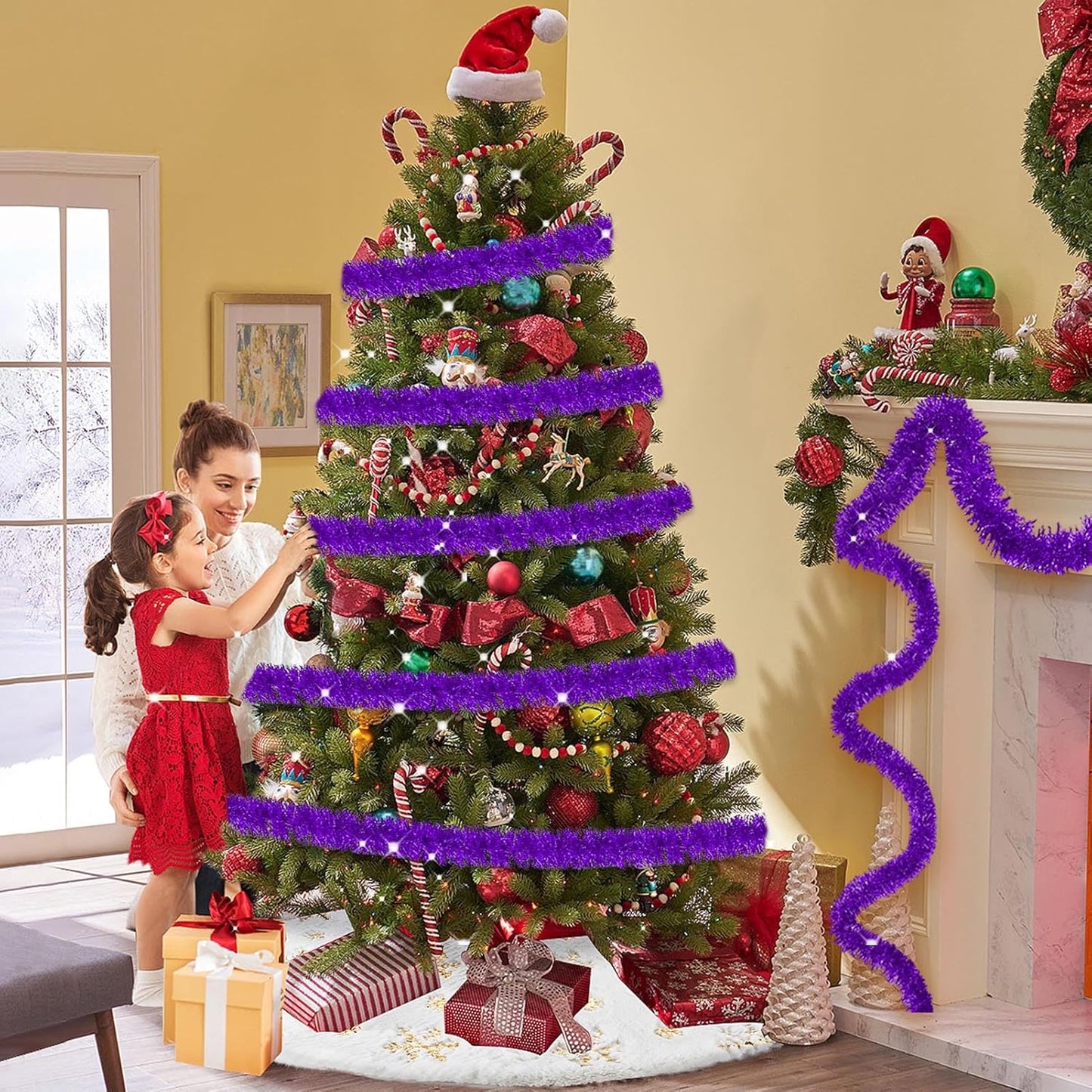 25 Feet Metallic Twist Tinsel Garland Wall Hanging Backdrop for Parade Floats, Christmas Eve, New Year, Valentine's Day Party Decorations (Purple, 4in x 25ft)