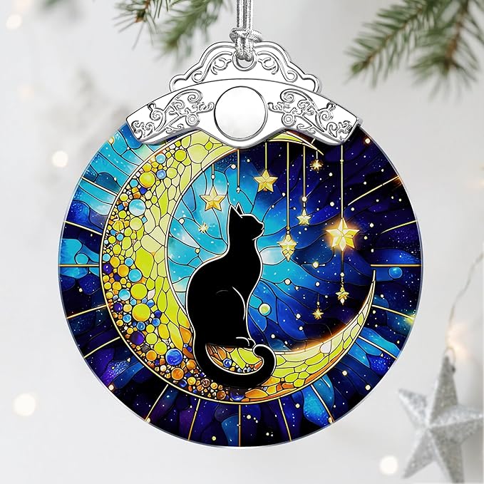 Stained Glass Black Cat Ornament, Christmas Ornaments, Christmas Decorations for Tree, Holiday Ornament, Gifts for Cat Lovers, Holiday Party Gifts, Gift Ideas & Xmas Gift