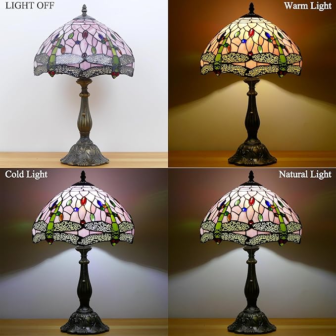 Tiffany Lamp Stained Glass Table Lamp Antique Bedside Reading Light W12H19 Inches (Pink Dragonfly)