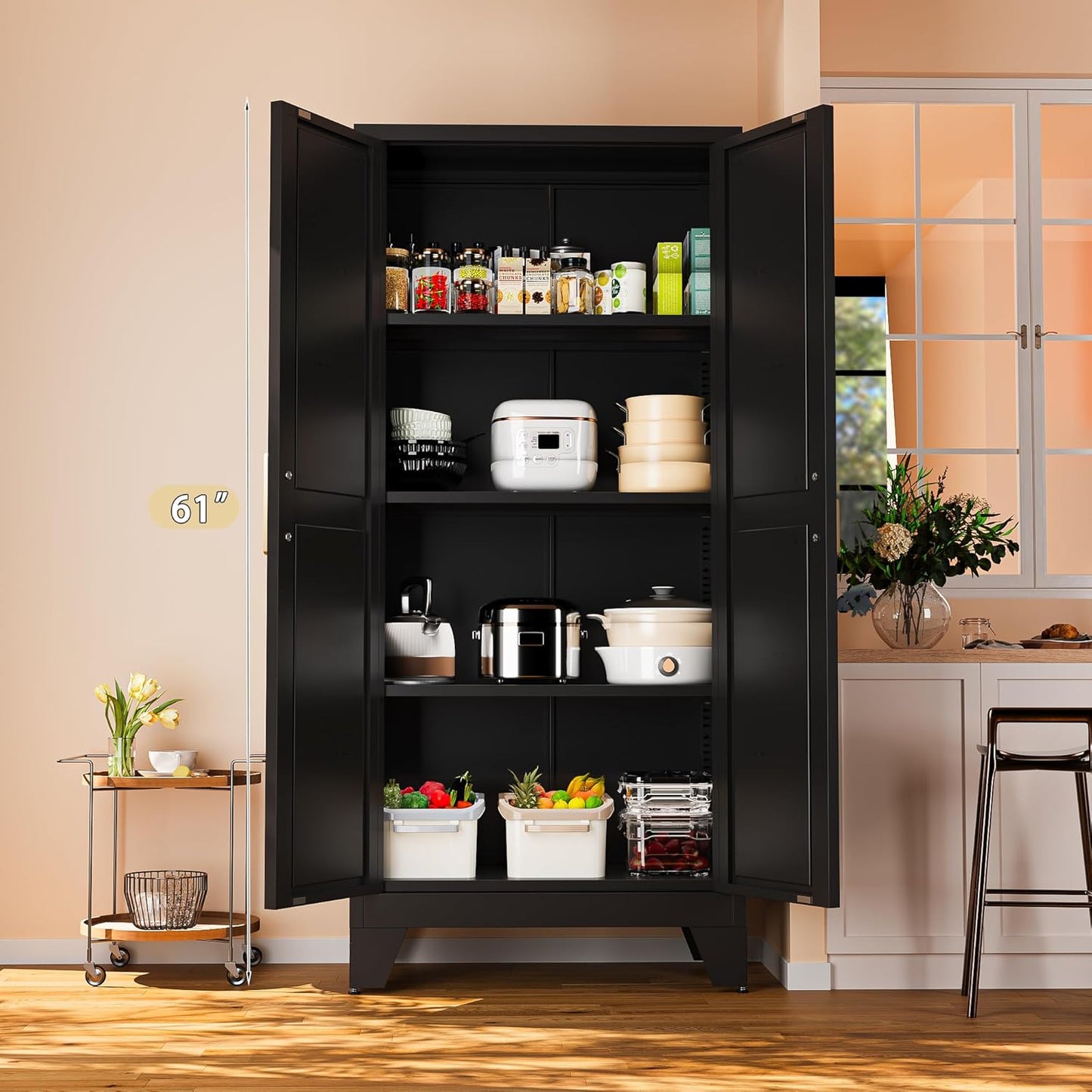 61" Tall Farmhouse Metal Pantry Cabinet, Kitchen Pantry Storage Cabinets with 2 Barn Door and Adjustable Shelves,Metal Pantry Storage Cabinet,for Kitchen,Laundry Room,Home Office,Kids Room (Black)