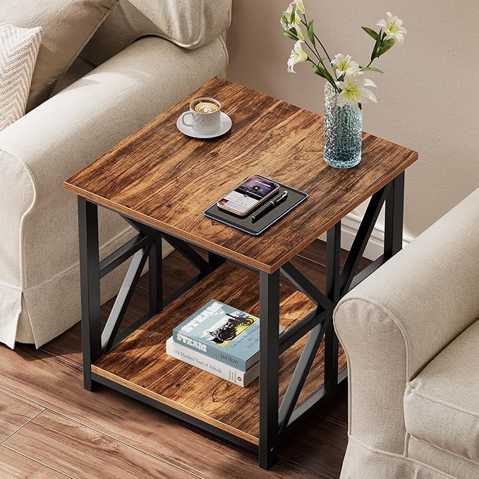 GreenForest End Table with 2-Tier Storage Shelf, 19.7 inch Side Table for Living Room, Modern Nightstand Bedside Table for Bedroom Office, Walnut