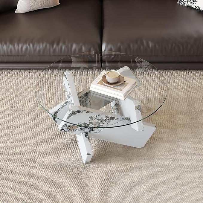White Round Glass Coffee Table,33-Inch Coffee Tables for Living Room Clear Circle Accent Table Adapts to Farmhouse and Contemporary Decor