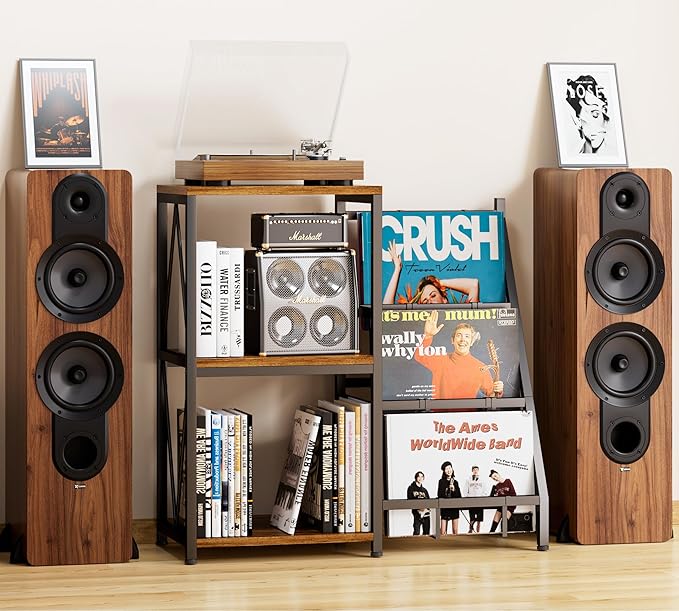 Y&M Record Player Stand with Vinyl Storage, Vinyl Record Shelf Holds Up to 200 Albums, 3-Tier Turntable Stand Table, Record Display Shelf for Album CD, End Table for Bedroom, Living Room
