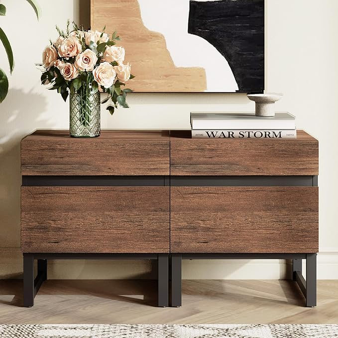 WAMPAT 2 Pack Modern End Table with 2 Drawers, Farmhouse Sofa Table with Black Square Iron Leg, Wood Rustic Side End Table for Living Room, Nighstand for Bedroom, Brown