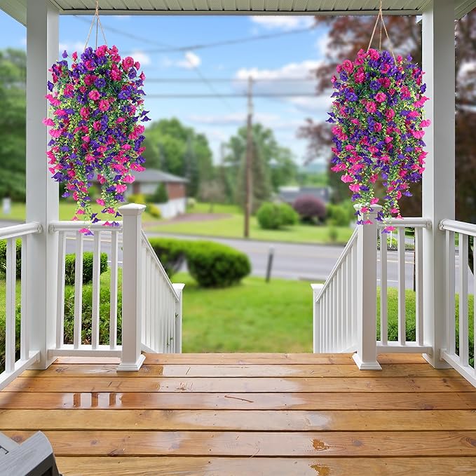 Artificial Fake Hanging Flowers Plants for Outdoor Outside Spring Summer Decoration 2PCS Faux Silk UV Resistant Realistic Morning Glory with Eucalyptus for Home Porch Patio Balcony(Purple & Magenta)