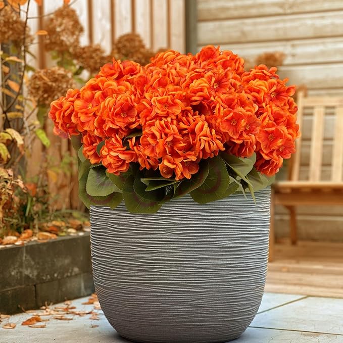6 Bundles Silk Geraniums Artificial Flowers for Outdoors, UV Resistant Faux Plants Realistic for Garden Patio Porch Window Box Home Indoor Outdoor Decor (6, Orange-red)