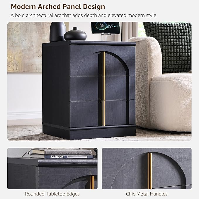 ACCOHOHO Modern Night Stand with Arched Panel, 18" Nightstand with Charging Station, Side Table with 3 Storage Drawers, Wood Square Bedside End Table for Bedroom Living Room, Black
