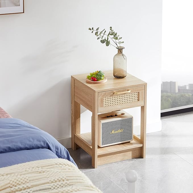 Rattan Nightstand - Wooden Boho End Table with Storage Drawer and Opening Shelf, Bedside Tables Bed Side Table Accent Table for Living Room, Bedroom Small Space