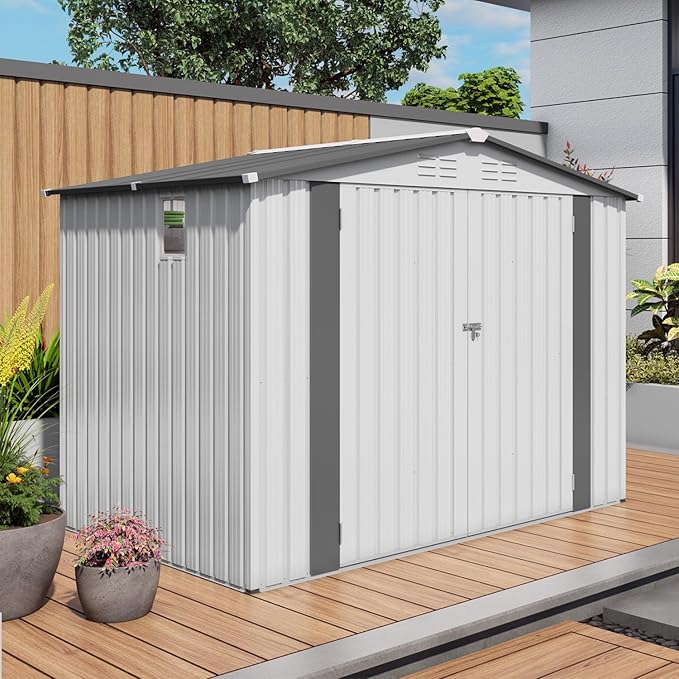 8x6 FT Outdoor Storage Shed, Metal Garden Shed with Window, Outside Tool Sheds with Lockable Hinged Doors, Waterproof Storage Building with 4 Air Vents for Backyard, Patio, Lawn, White