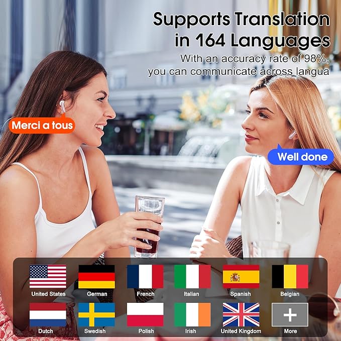 Ai Translation Earbuds Real Time, Simultaneous Interpretation Translator Earbuds with 6 Translation Modes/164 Languages, No Subscription Translatior Headphones, Rose Pink