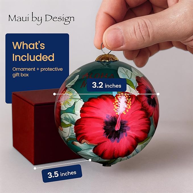 Collectible Maui Christmas Ornament Red Hibiscus Hand Painted from Inside The Glass with Gift Box HCC/M