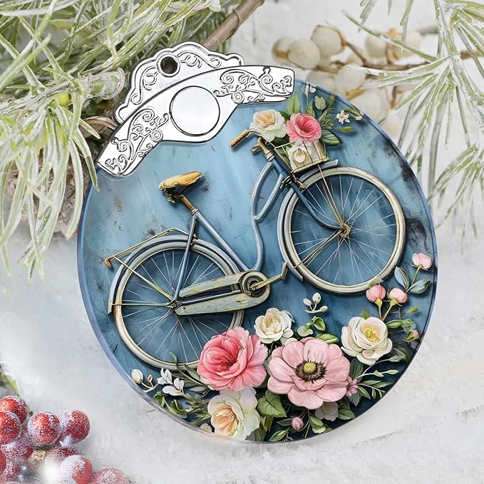 Christmas Decorations Ornaments, Stained Glass Ornament, Christmas Tree Ornaments, 2025 Gift Ornament, Xmas Gift for Friend Family Coworker - Bicycle with Flowers