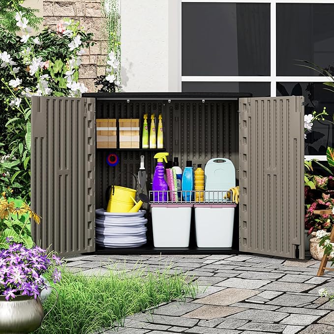 ZZM 37 Cu.ft Outdoor Storage Shed with Floor HDPE Double-Wall Resin Sheds Outdoor Storage, Lockable Weatherproof Storage Cabinet Fit for Garden Tools, Garage can, Bike, Patio Furniture, Coffee