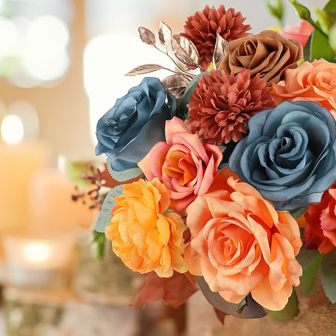 AGIRL Artificial Flowers Combo Silk Mix Teal Orange Fake Flower with Stems for DIY Wedding Bouquets Centerpieces Arrangements Table Chair Decor Baby Shower Home Decor (Teal Orange)