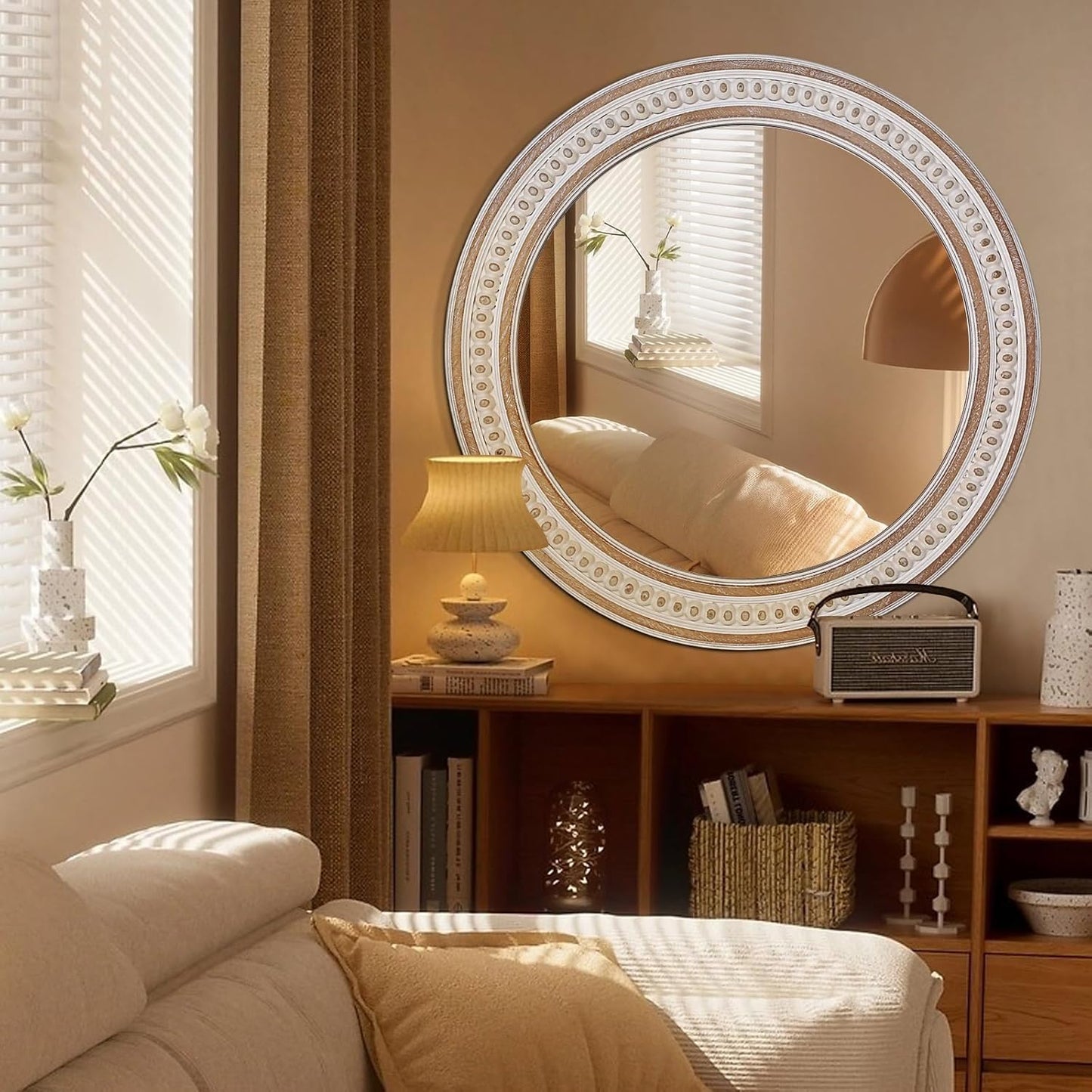 32'' Boho Wooden Large Round Wall Mirrors, Rustic Farmhouse Circle Mirrors Decorative for Bathroom, Bedroom Over Sink, Living Room, Entryway
